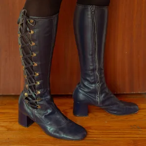 1960s Lace Up Blue Leather Knee High Boots
