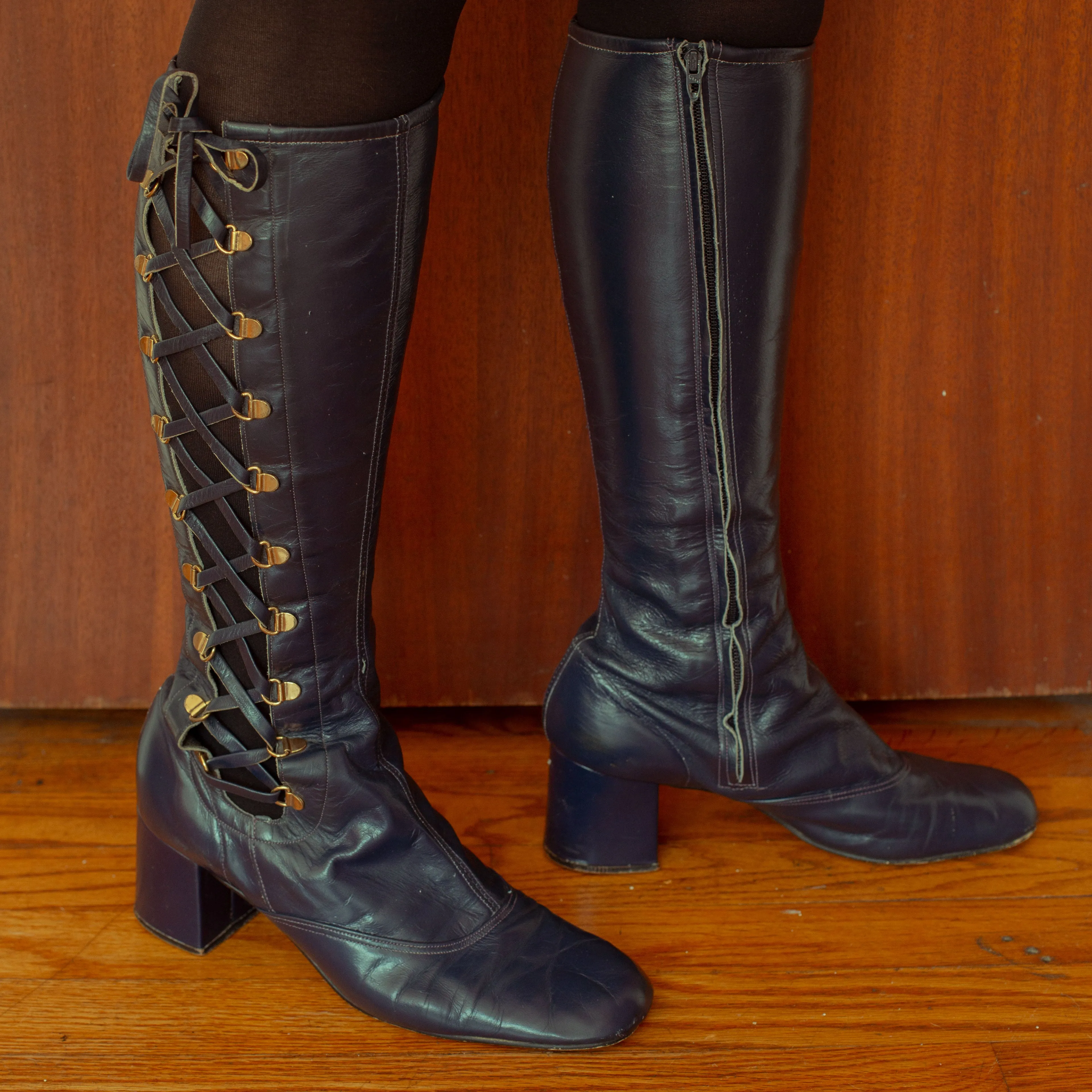 1960s Lace Up Blue Leather Knee High Boots
