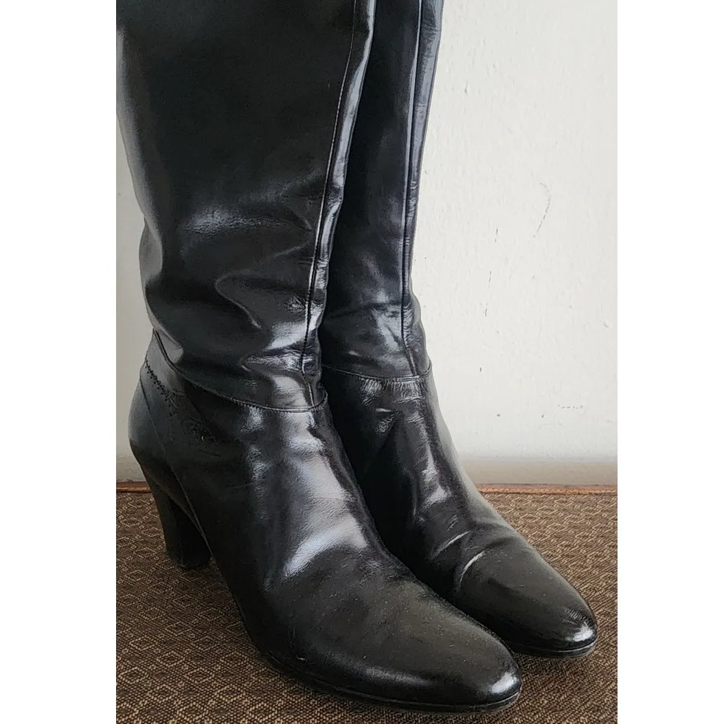 70s Black Leather Boots Knee High Ferragamo Size 7
