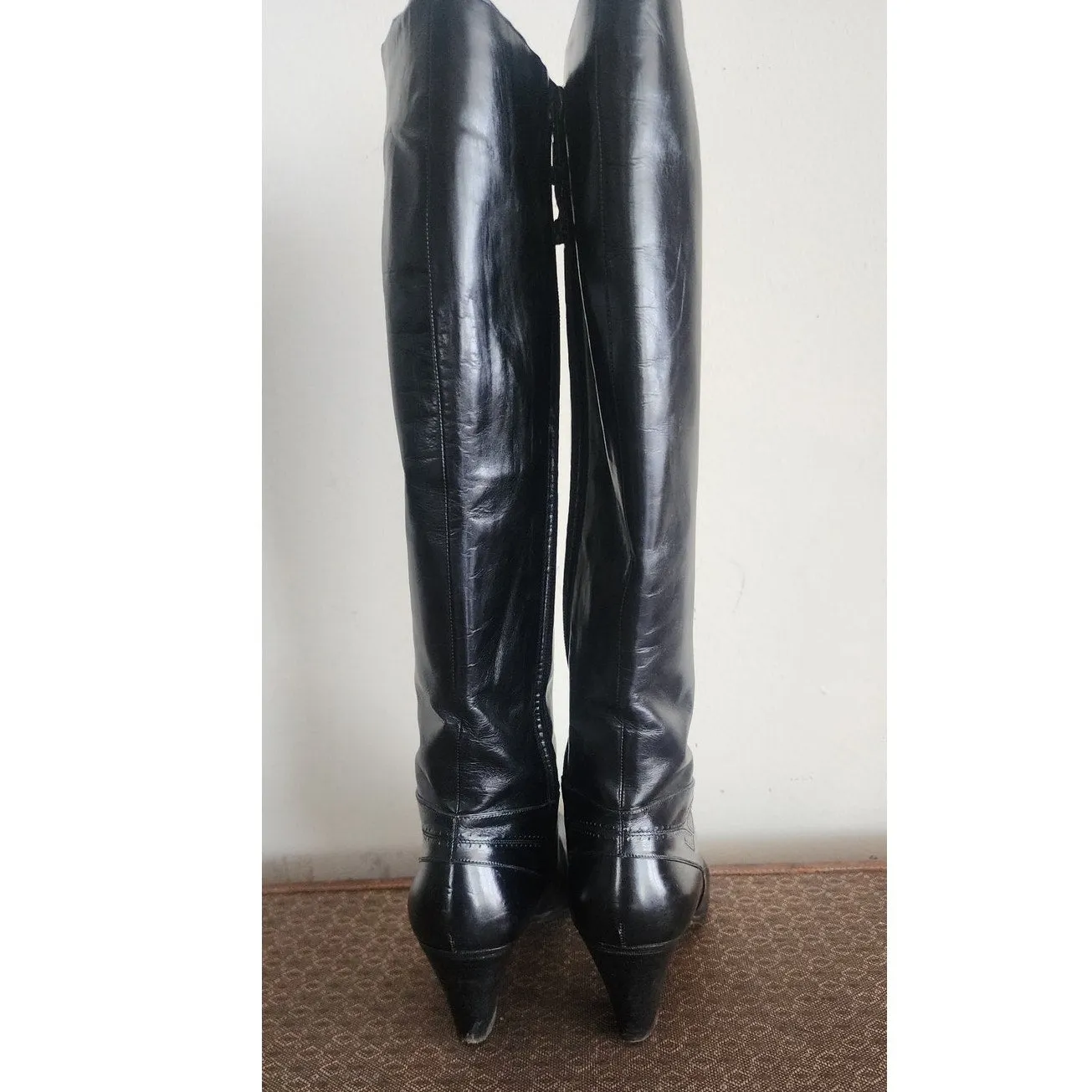 70s Black Leather Boots Knee High Ferragamo Size 7