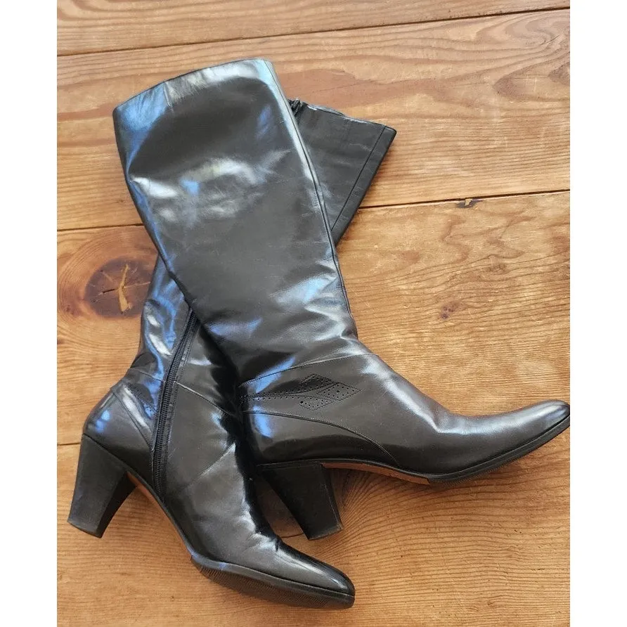 70s Black Leather Boots Knee High Ferragamo Size 7