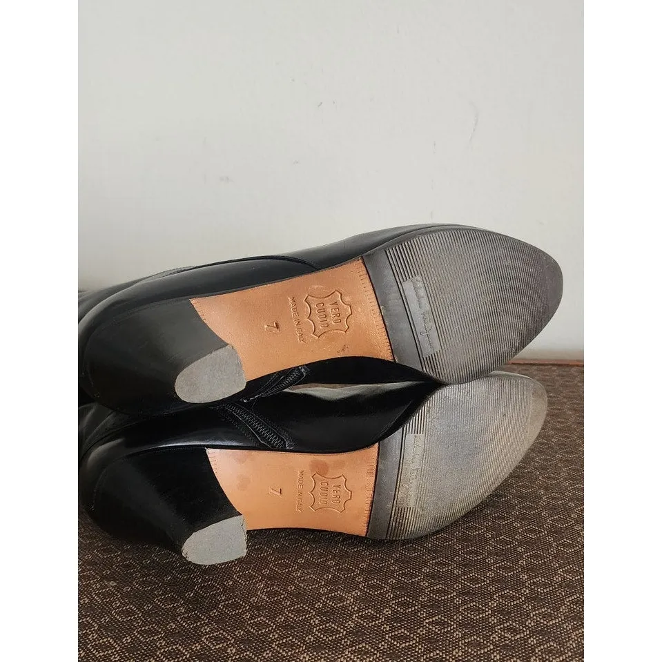 70s Black Leather Boots Knee High Ferragamo Size 7