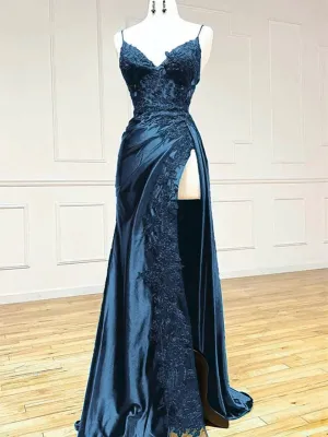 A-line Satin with Lace Applique V-neckline Straps Party Dress, Navy Blue Prom Dress