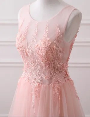 A-Line Tulle Lace Applique Backless Long Prom Dress, Party Dress YZ211046