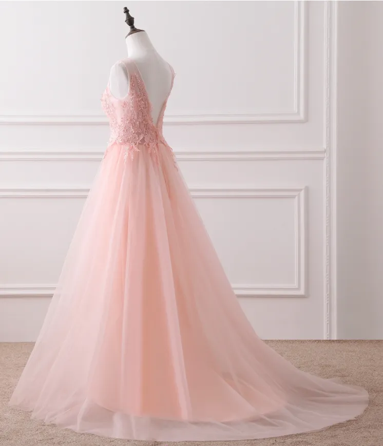 A-Line Tulle Lace Applique Backless Long Prom Dress, Party Dress YZ211046