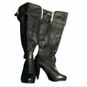 ALDO Black Leather Knee Boots w/ Faux Shearling Trim Sz 7.5 (38)