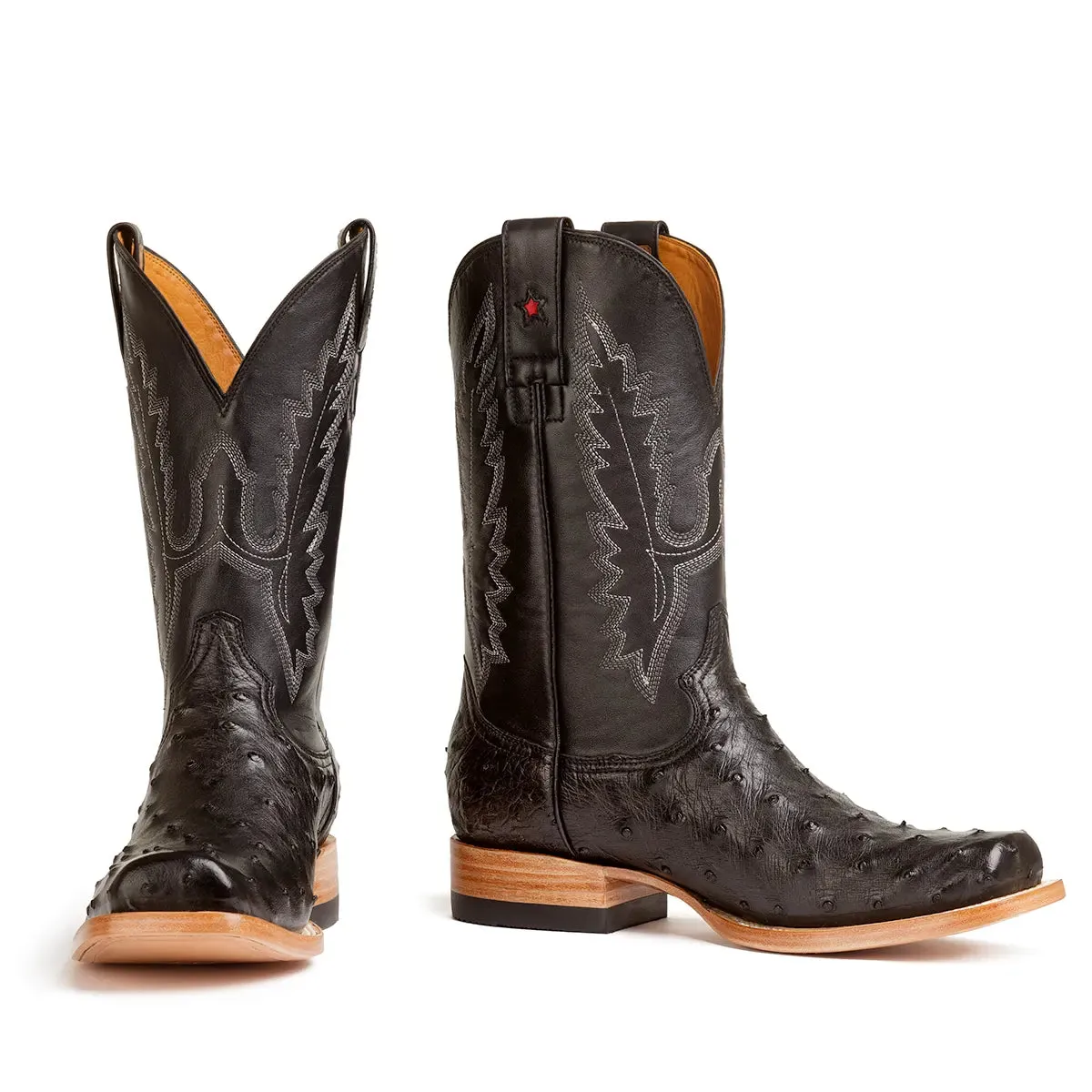 Antonio Full Quill Ostrich Stockman Square Toe Boot - Black
