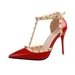 Autumn 10.5cm High Heels T Straps Rivets High Heels Women Sandal Shoes Fashion Patent Leather Woman Shoes