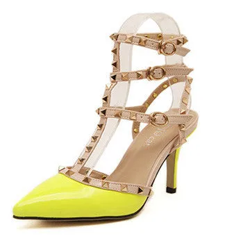 Autumn 10.5cm High Heels T Straps Rivets High Heels Women Sandal Shoes Fashion Patent Leather Woman Shoes