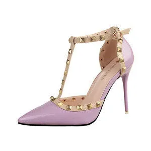 Autumn 10.5cm High Heels T Straps Rivets High Heels Women Sandal Shoes Fashion Patent Leather Woman Shoes