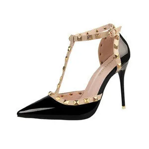 Autumn 10.5cm High Heels T Straps Rivets High Heels Women Sandal Shoes Fashion Patent Leather Woman Shoes