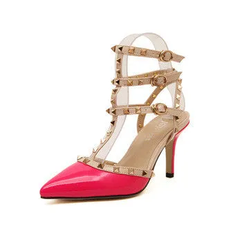Autumn 10.5cm High Heels T Straps Rivets High Heels Women Sandal Shoes Fashion Patent Leather Woman Shoes