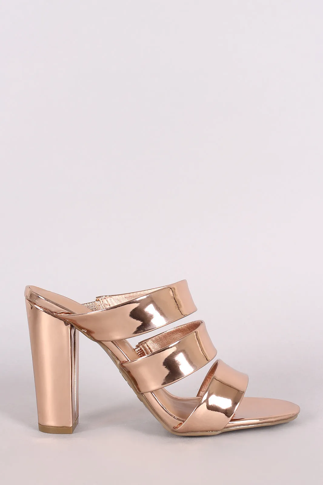 Bamboo Metallic Triple Straps Open Toe Chunky Mule Heel