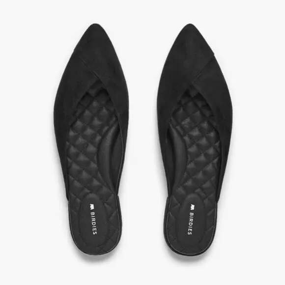 Birdies The Swan Black Suede Pointed-Toe Slides with Quilted Insole, Size 12