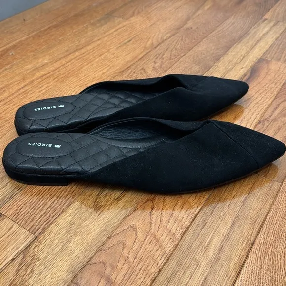 Birdies The Swan Black Suede Pointed-Toe Slides with Quilted Insole, Size 12