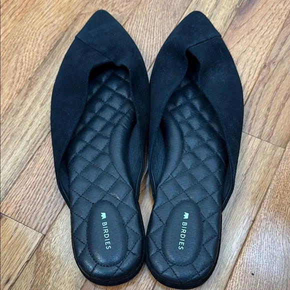 Birdies The Swan Black Suede Pointed-Toe Slides with Quilted Insole, Size 12
