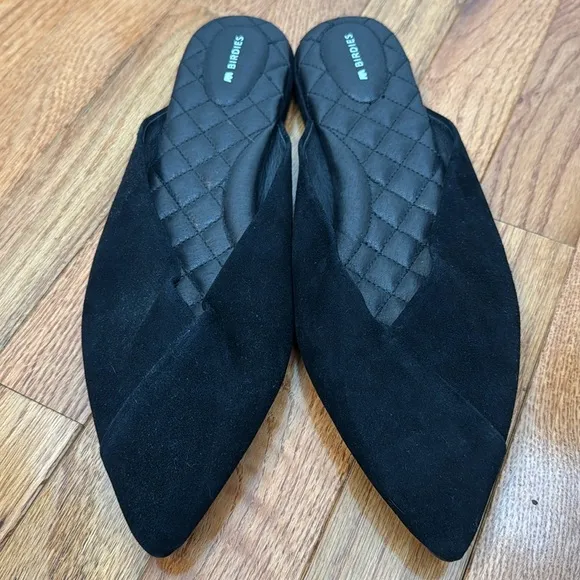 Birdies The Swan Black Suede Pointed-Toe Slides with Quilted Insole, Size 12