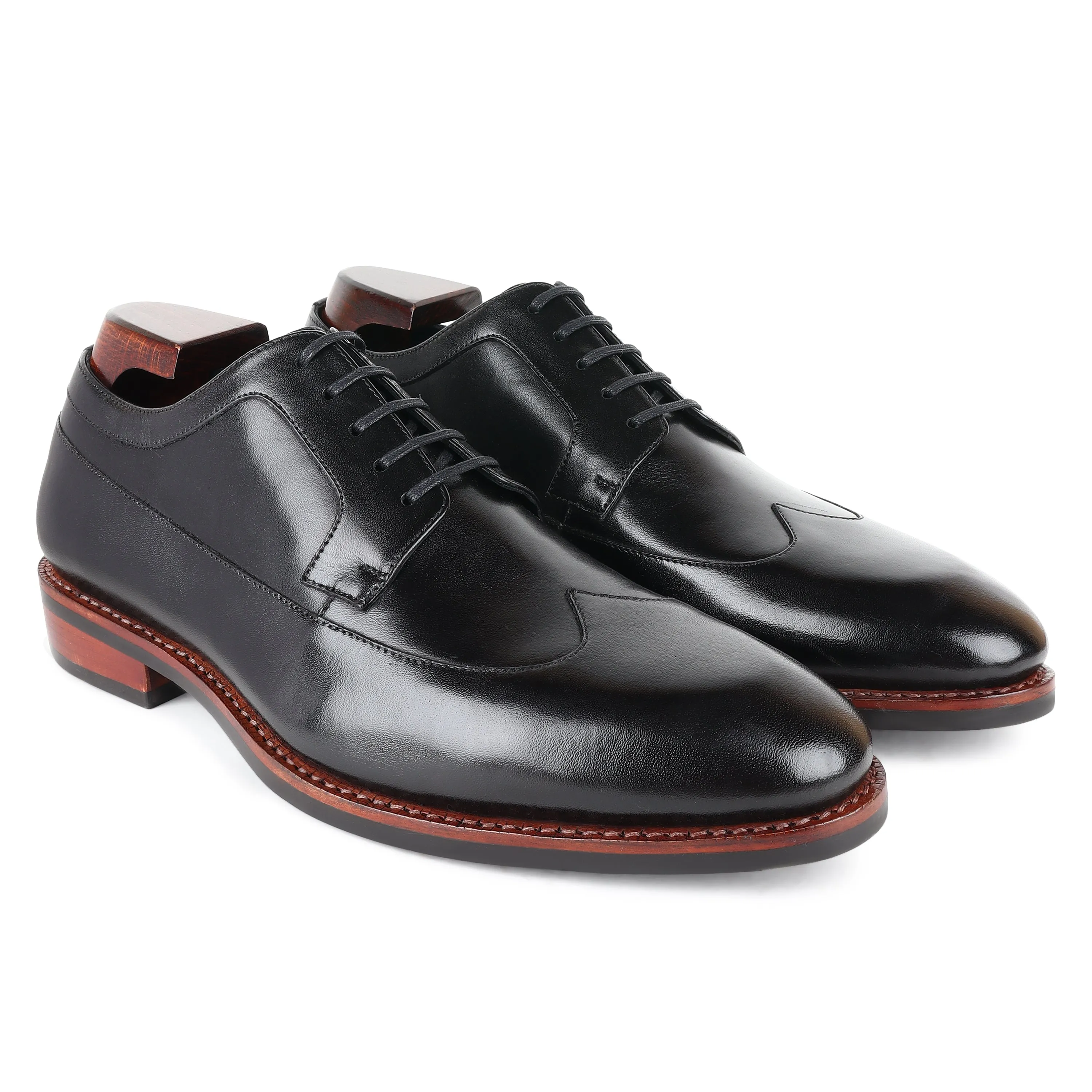 Black Goodyear Welted Mirror Glossed Classic Wingtip Derby With Dainite Leather Stack Sole