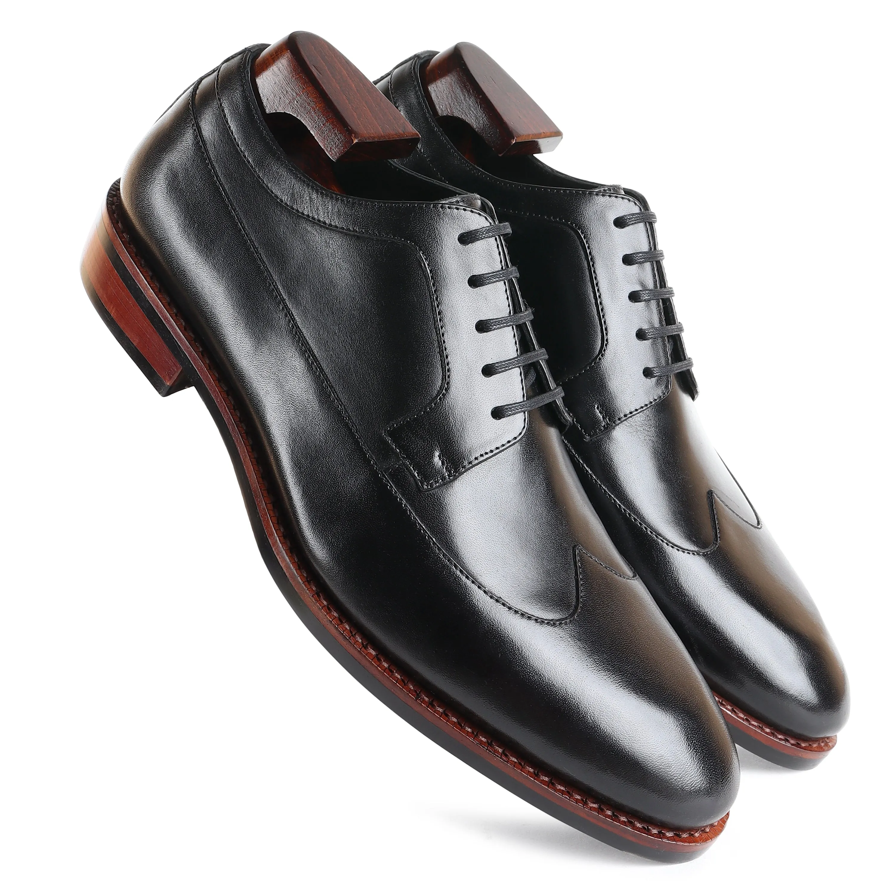 Black Goodyear Welted Mirror Glossed Classic Wingtip Derby With Dainite Leather Stack Sole