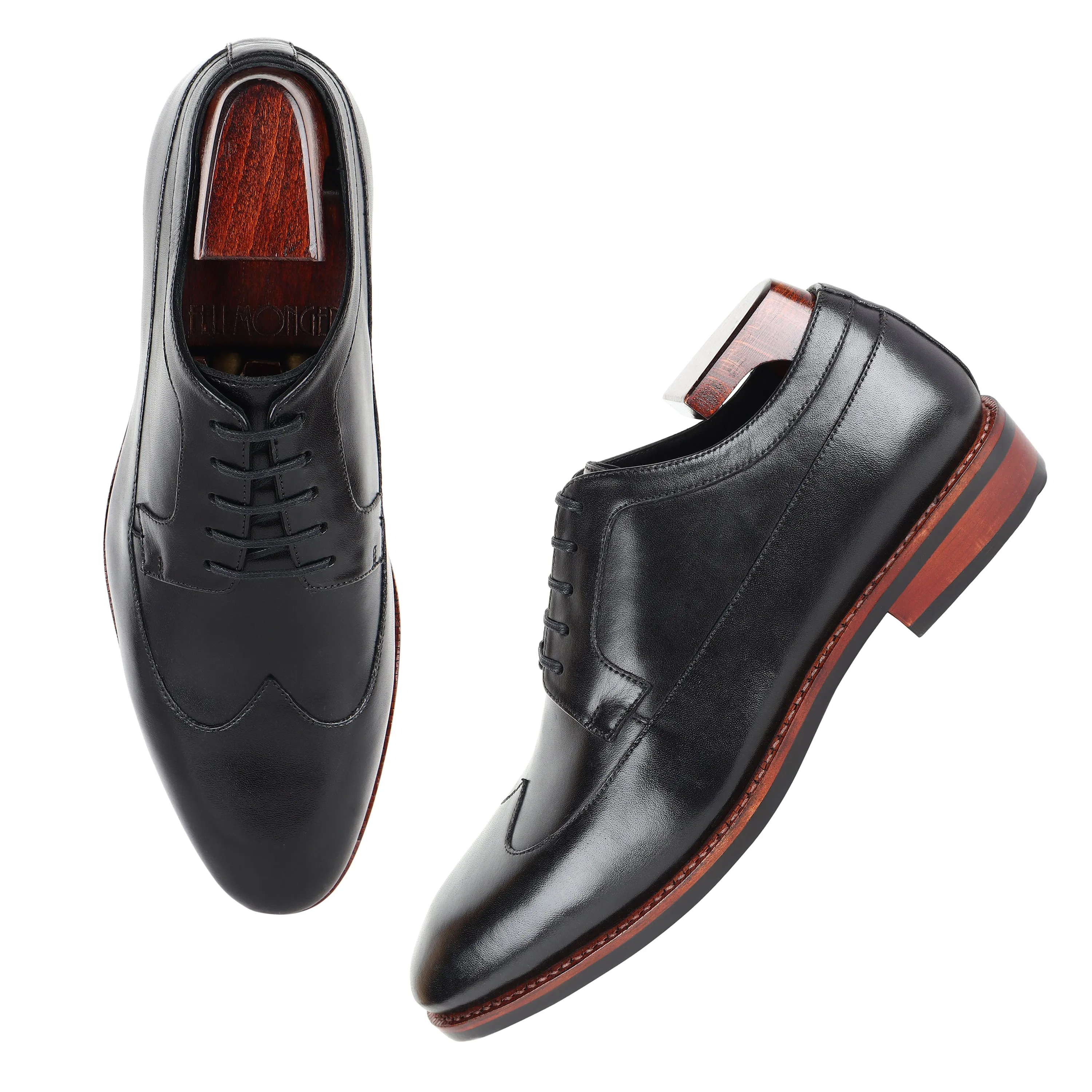 Black Goodyear Welted Mirror Glossed Classic Wingtip Derby With Dainite Leather Stack Sole