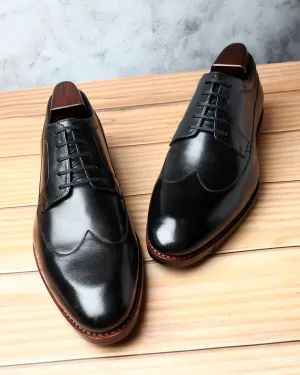 Black Goodyear Welted Mirror Glossed Classic Wingtip Derby With Dainite Leather Stack Sole