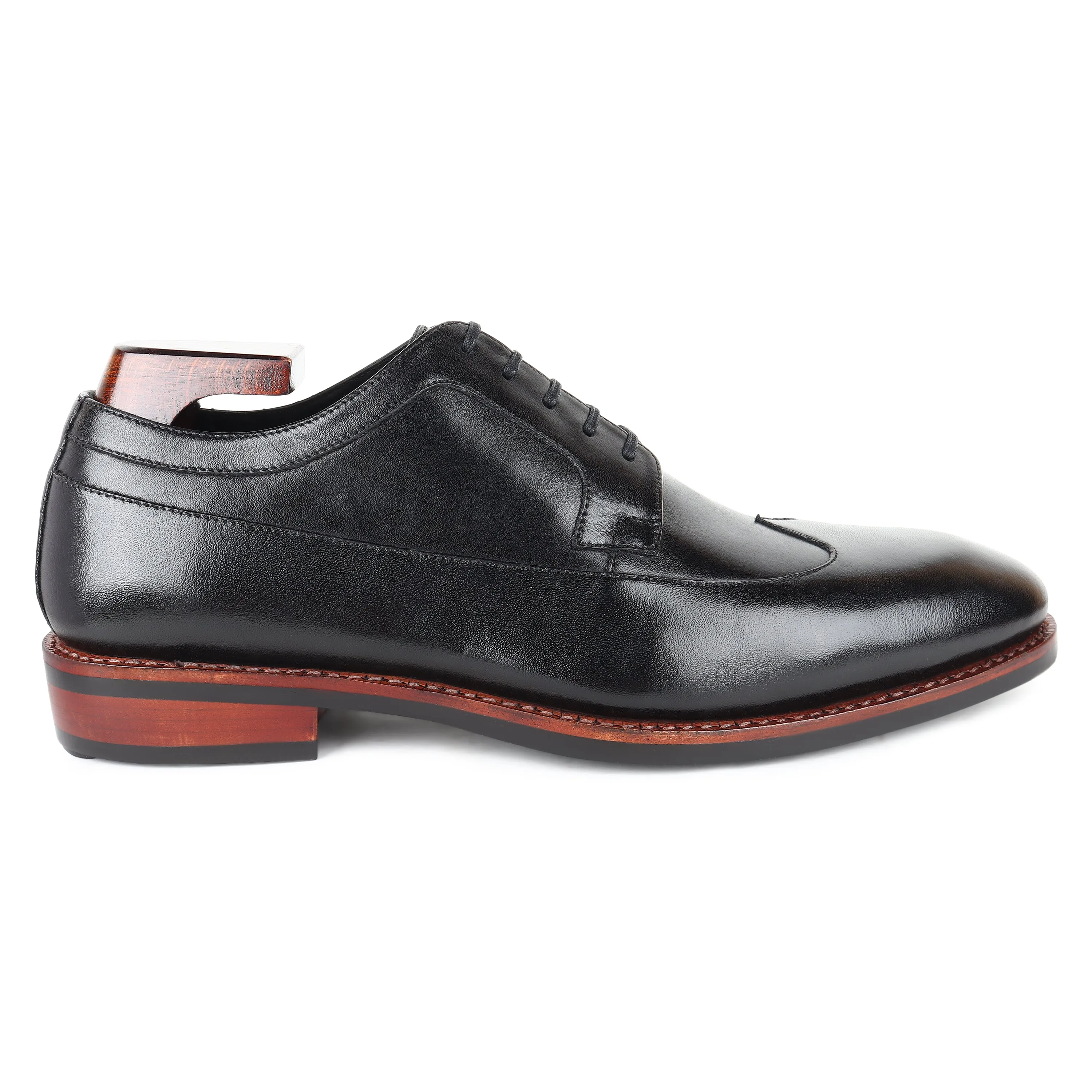 Black Goodyear Welted Mirror Glossed Classic Wingtip Derby With Dainite Leather Stack Sole