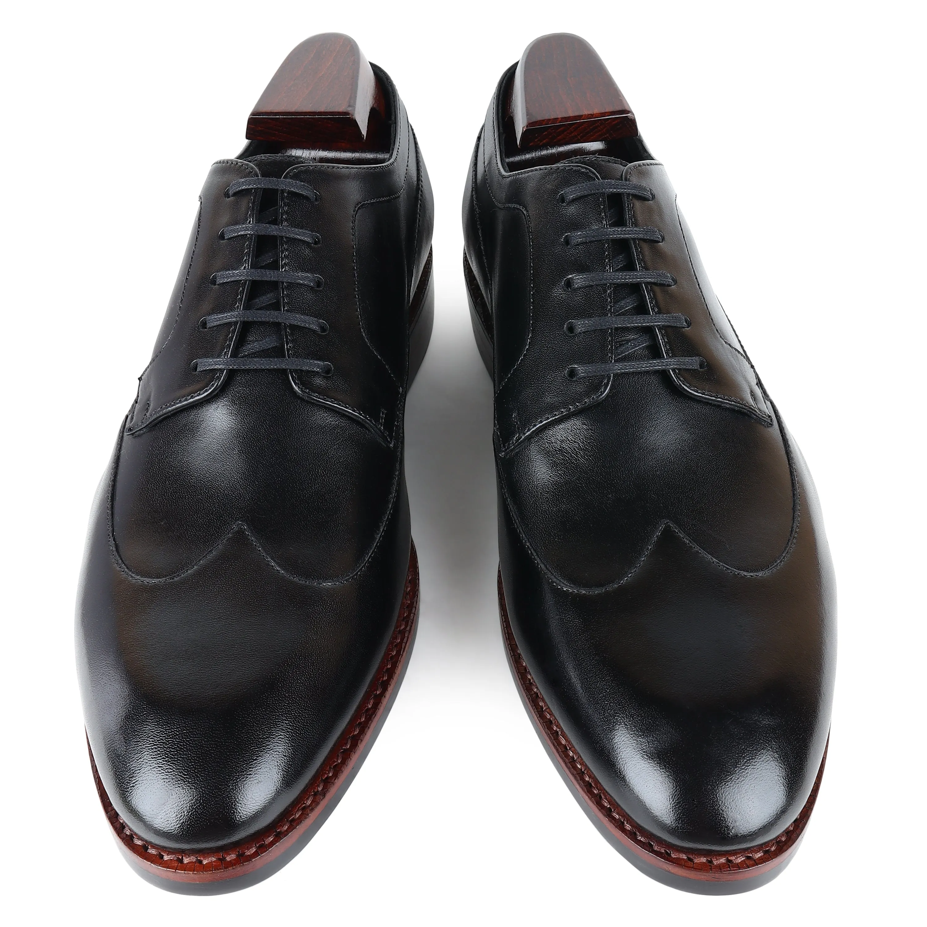 Black Goodyear Welted Mirror Glossed Classic Wingtip Derby With Dainite Leather Stack Sole