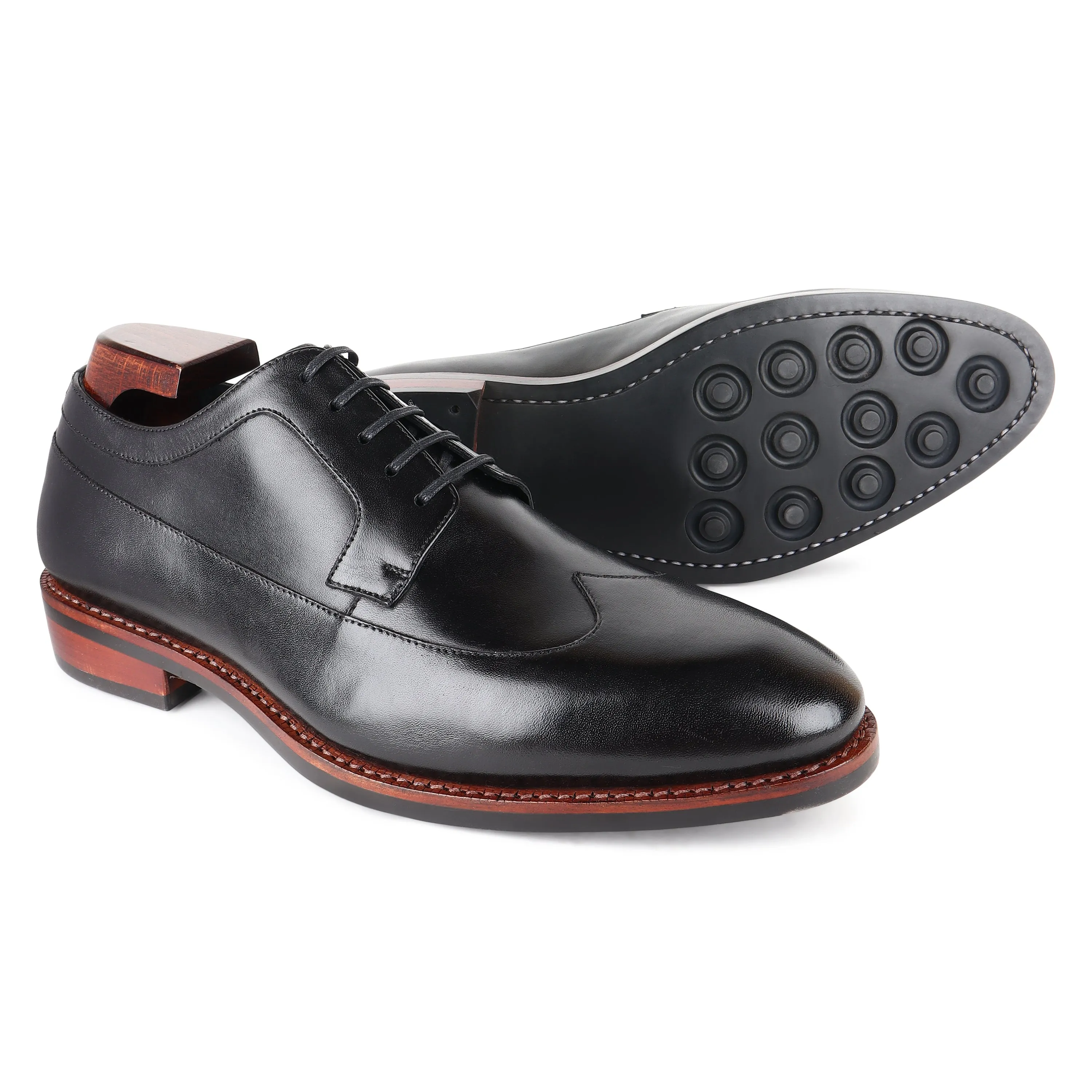 Black Goodyear Welted Mirror Glossed Classic Wingtip Derby With Dainite Leather Stack Sole