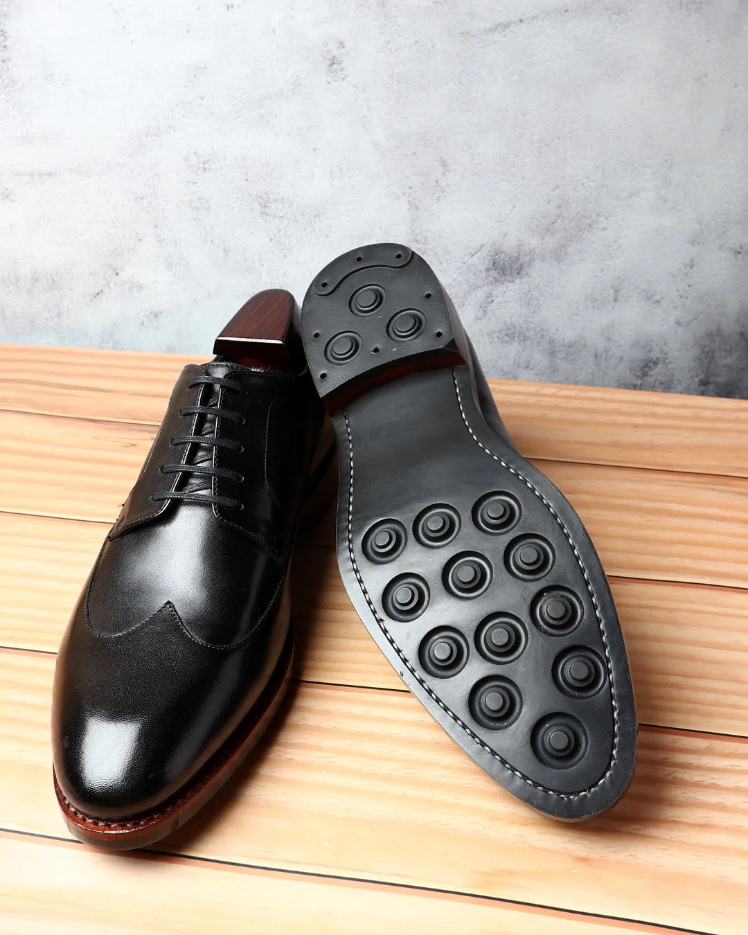 Black Goodyear Welted Mirror Glossed Classic Wingtip Derby With Dainite Leather Stack Sole