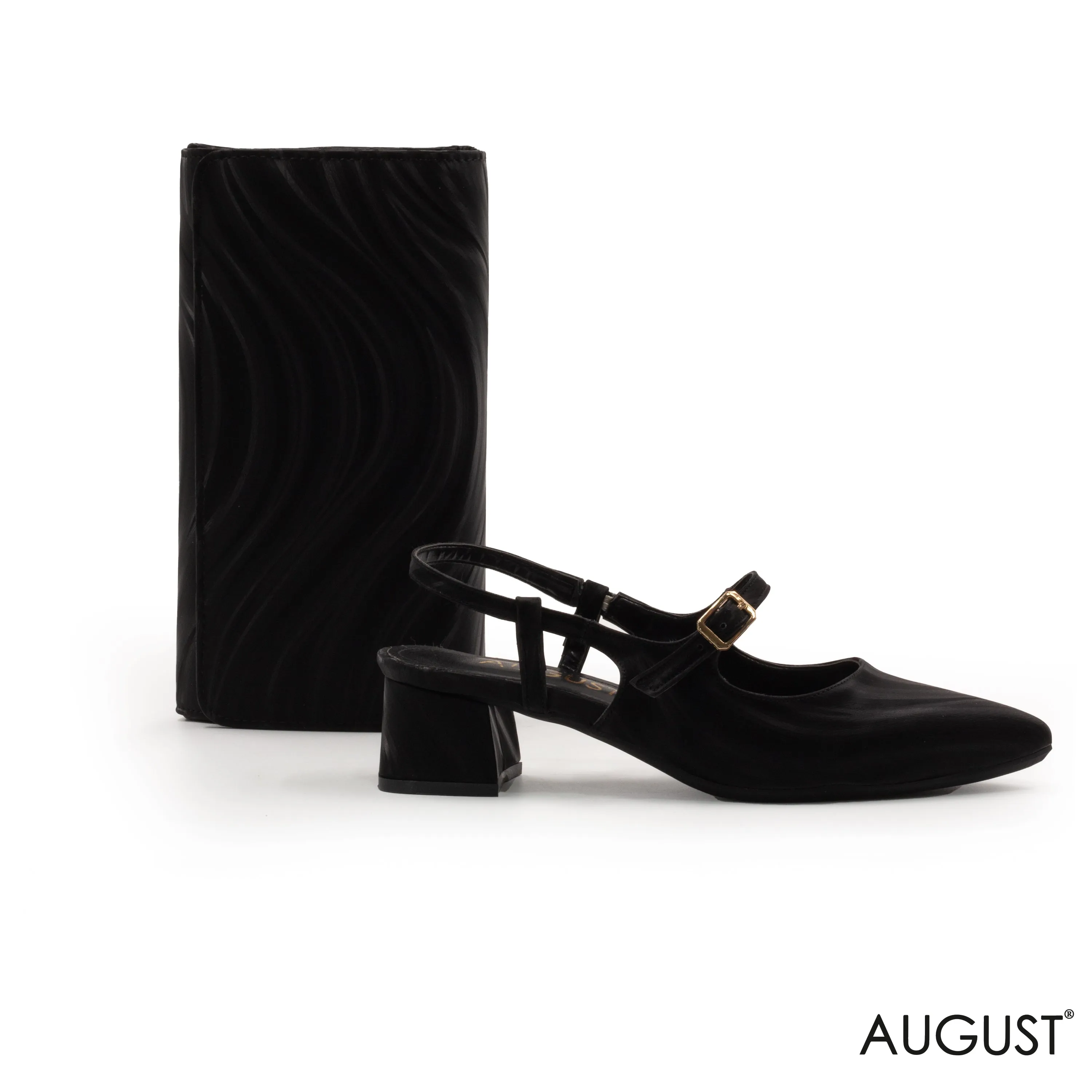 BLACK LEATHER ,BLOCK HEEL PUMP WITH BUCKLE,BLACK SMOOTH LEATHER WALLET WITH FLAP