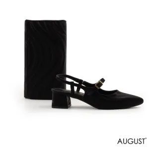 BLACK LEATHER ,BLOCK HEEL PUMP WITH BUCKLE,BLACK SMOOTH LEATHER WALLET WITH FLAP