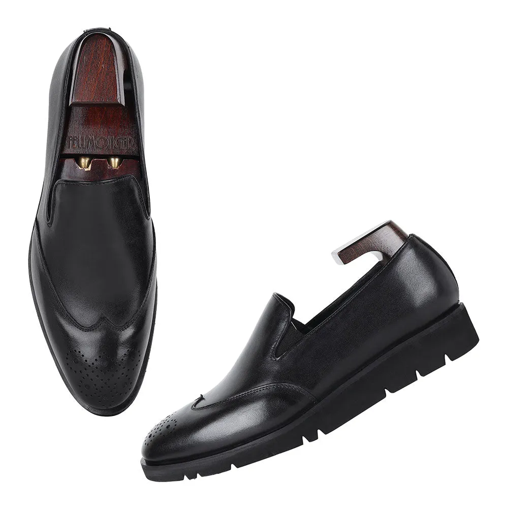 Black Mirror Glossed Extralight Wingtip Medallion Slipon