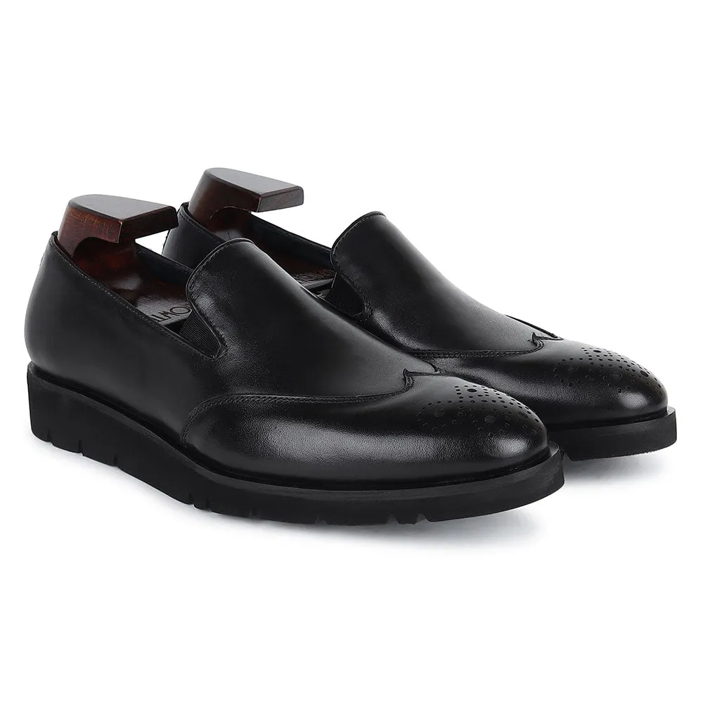 Black Mirror Glossed Extralight Wingtip Medallion Slipon