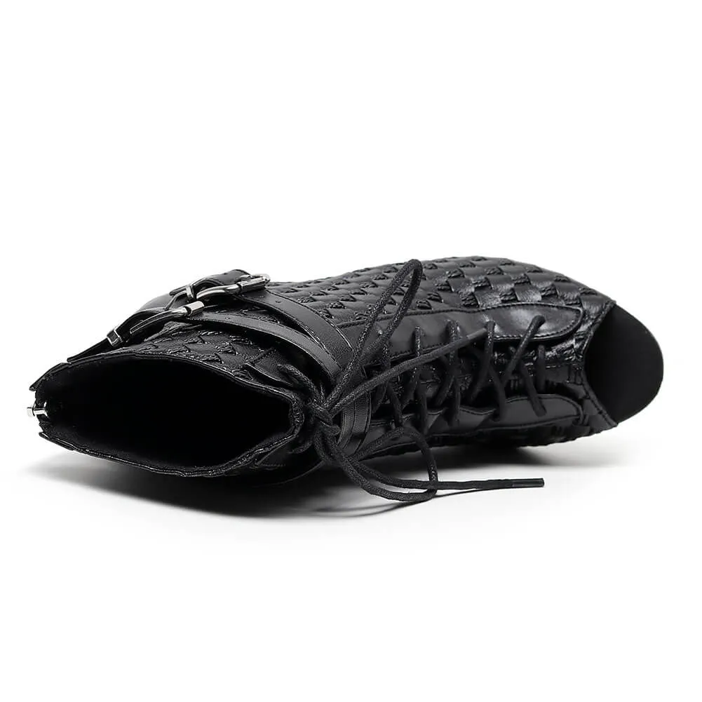 Black women's leather lace-up dance boots