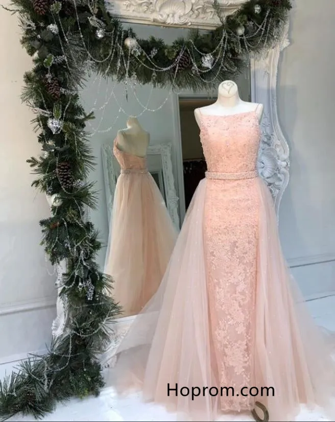 Blush Pink Lace Beading Prom Dress with Tulle Train