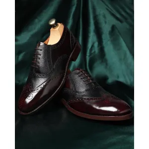 Brushed Burgundy   Black Milled Goodyear Welted Fiddle Back Wingtip Oxfords