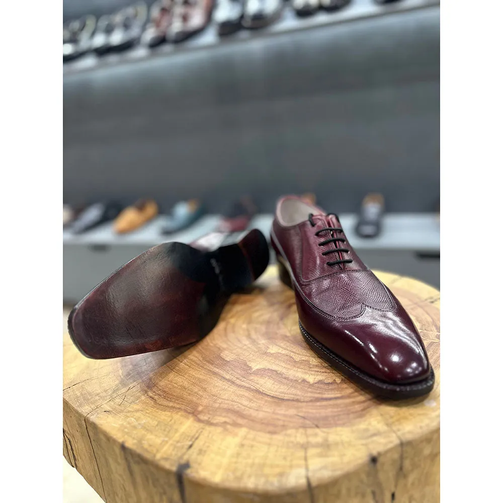 Burgundy Goodyear Welted Patina Mirror Glossed Hatch Grain Wingtip Oxford   Fiddle Bkac Sole