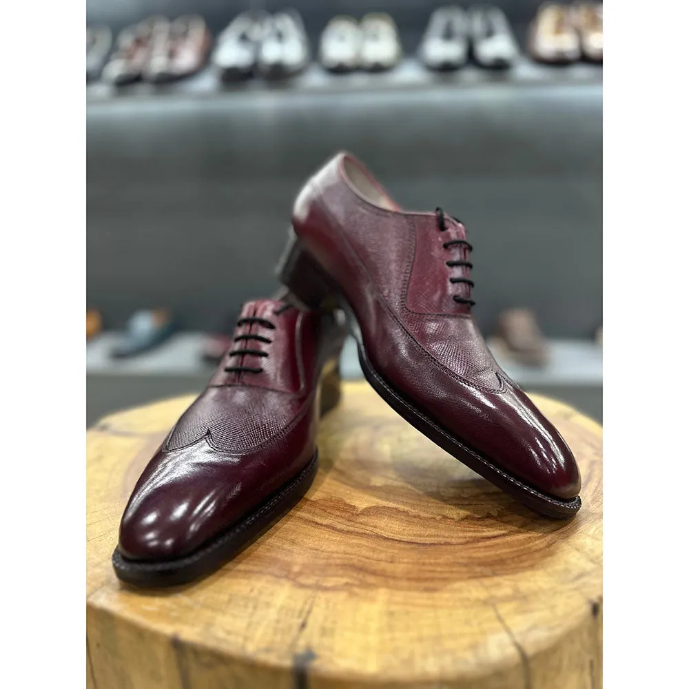 Burgundy Goodyear Welted Patina Mirror Glossed Hatch Grain Wingtip Oxford   Fiddle Bkac Sole