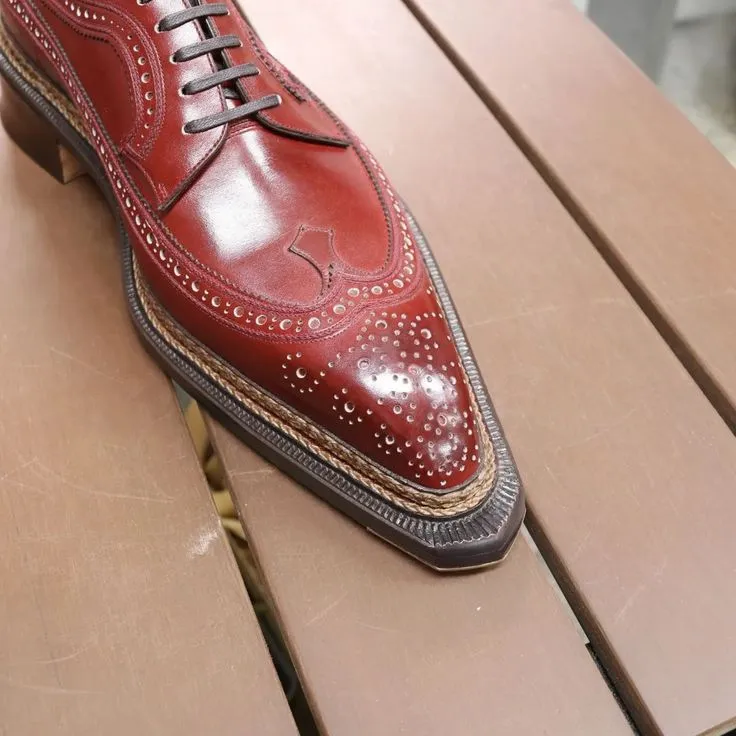 Burgundy Leather Sharp Wingtip Oxfords Lace Up Formals - Formal Shoes - FW2