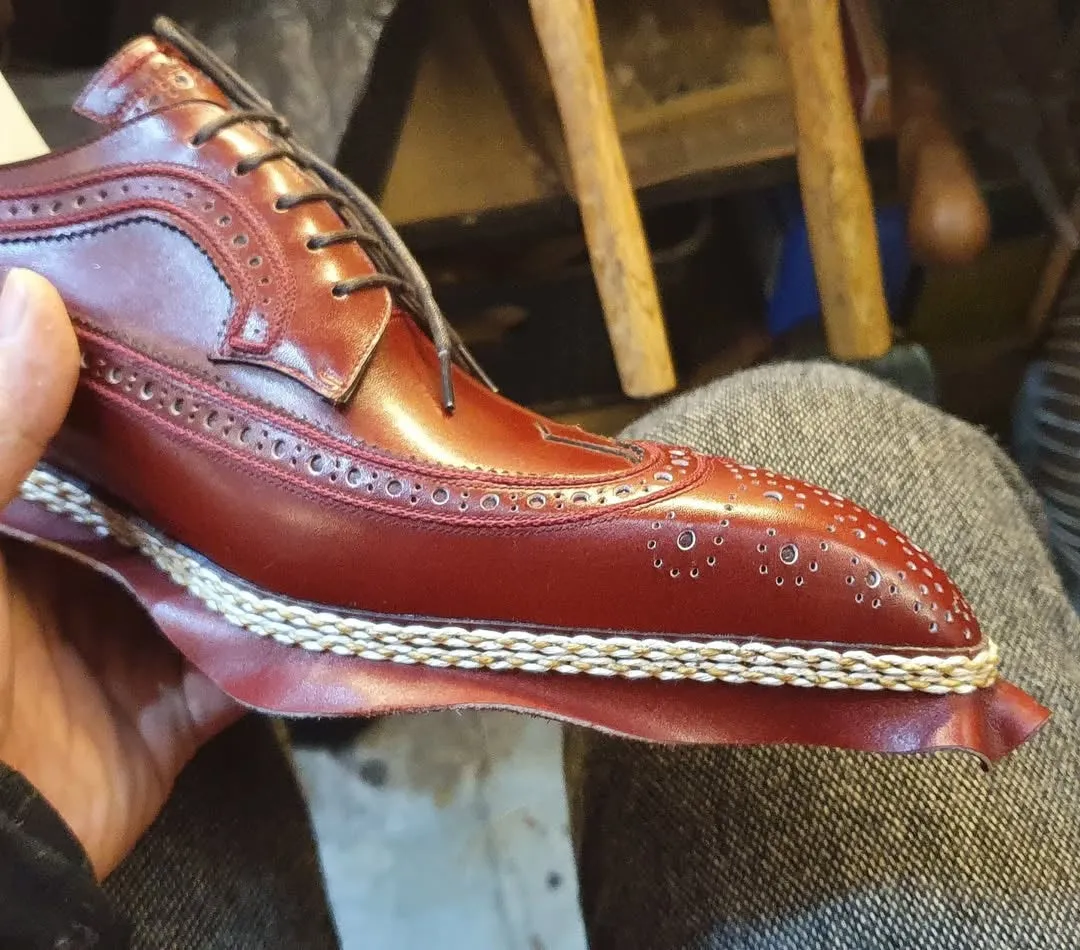 Burgundy Leather Sharp Wingtip Oxfords Lace Up Formals - Formal Shoes - FW2
