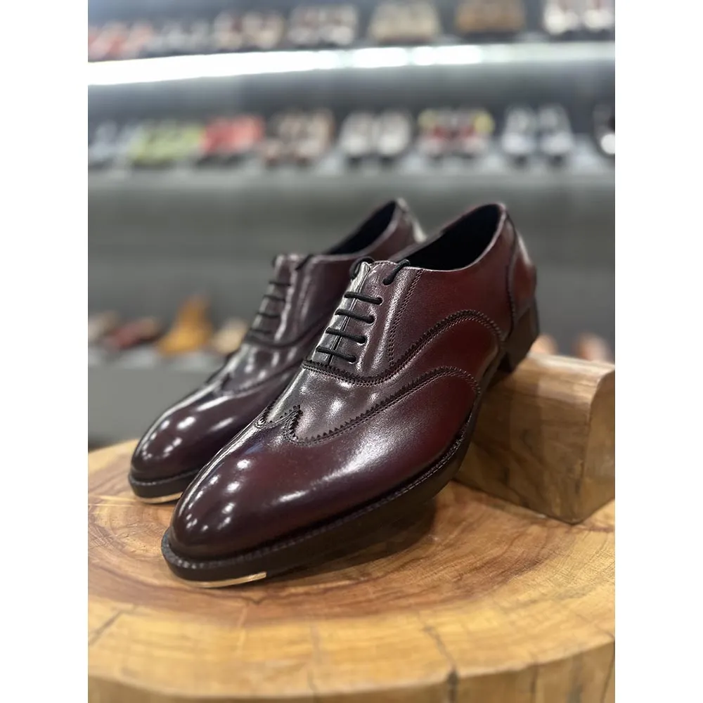 Burgundy Mirror Glossed Patina Wingtip Oxford With Metal Toe