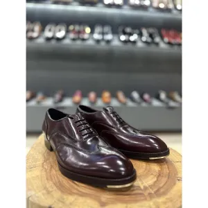 Burgundy Mirror Glossed Patina Wingtip Oxford With Metal Toe