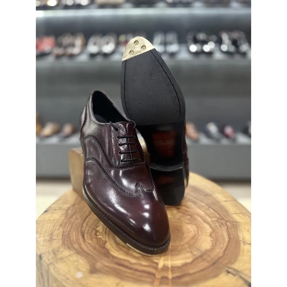 Burgundy Mirror Glossed Patina Wingtip Oxford With Metal Toe