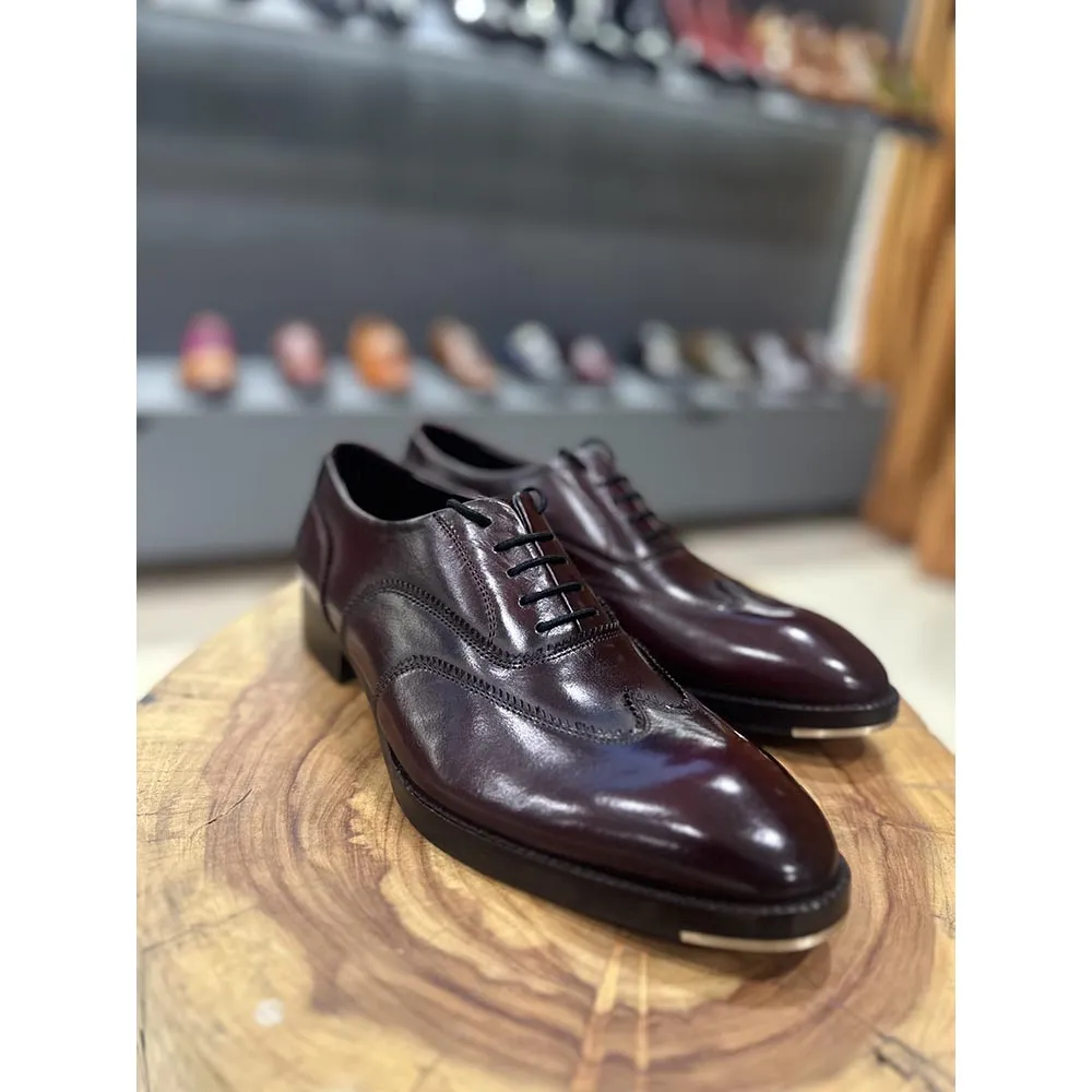 Burgundy Mirror Glossed Patina Wingtip Oxford With Metal Toe