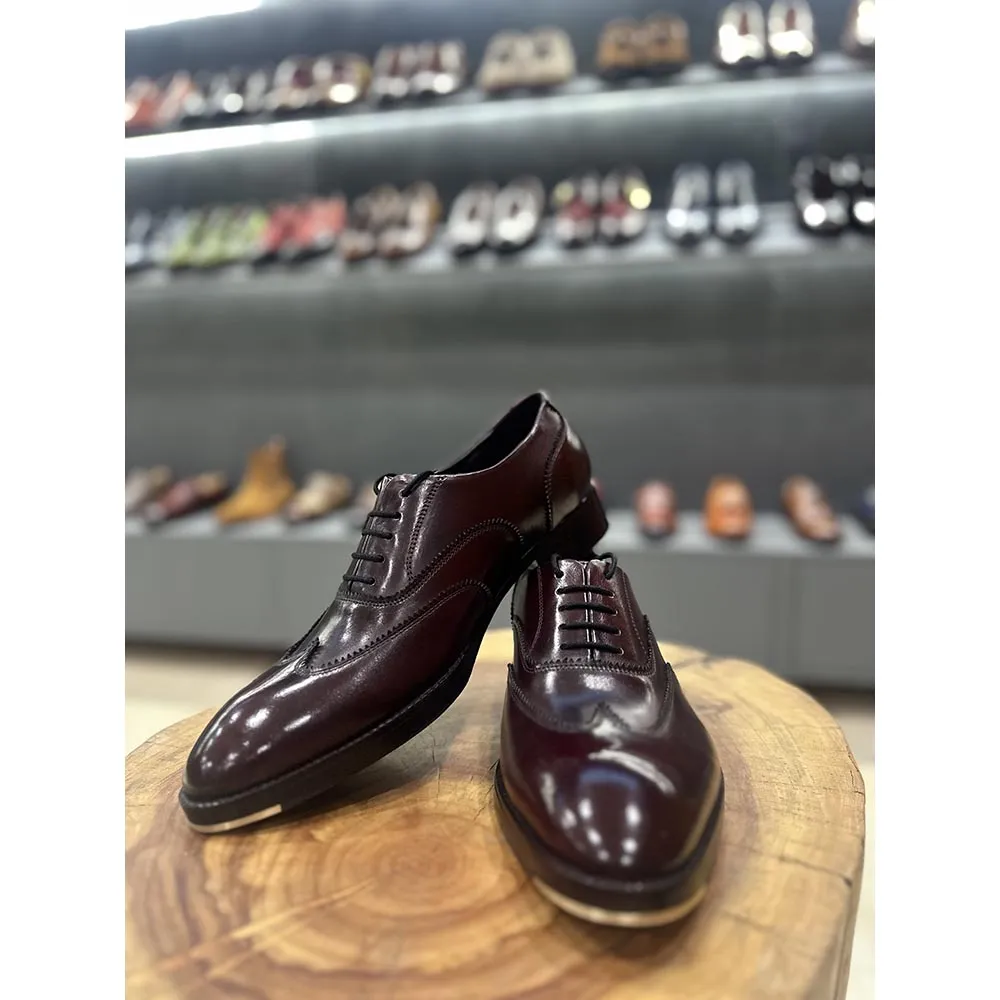 Burgundy Mirror Glossed Patina Wingtip Oxford With Metal Toe