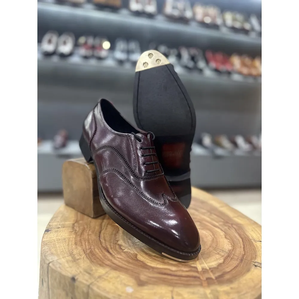 Burgundy Mirror Glossed Patina Wingtip Oxford With Metal Toe