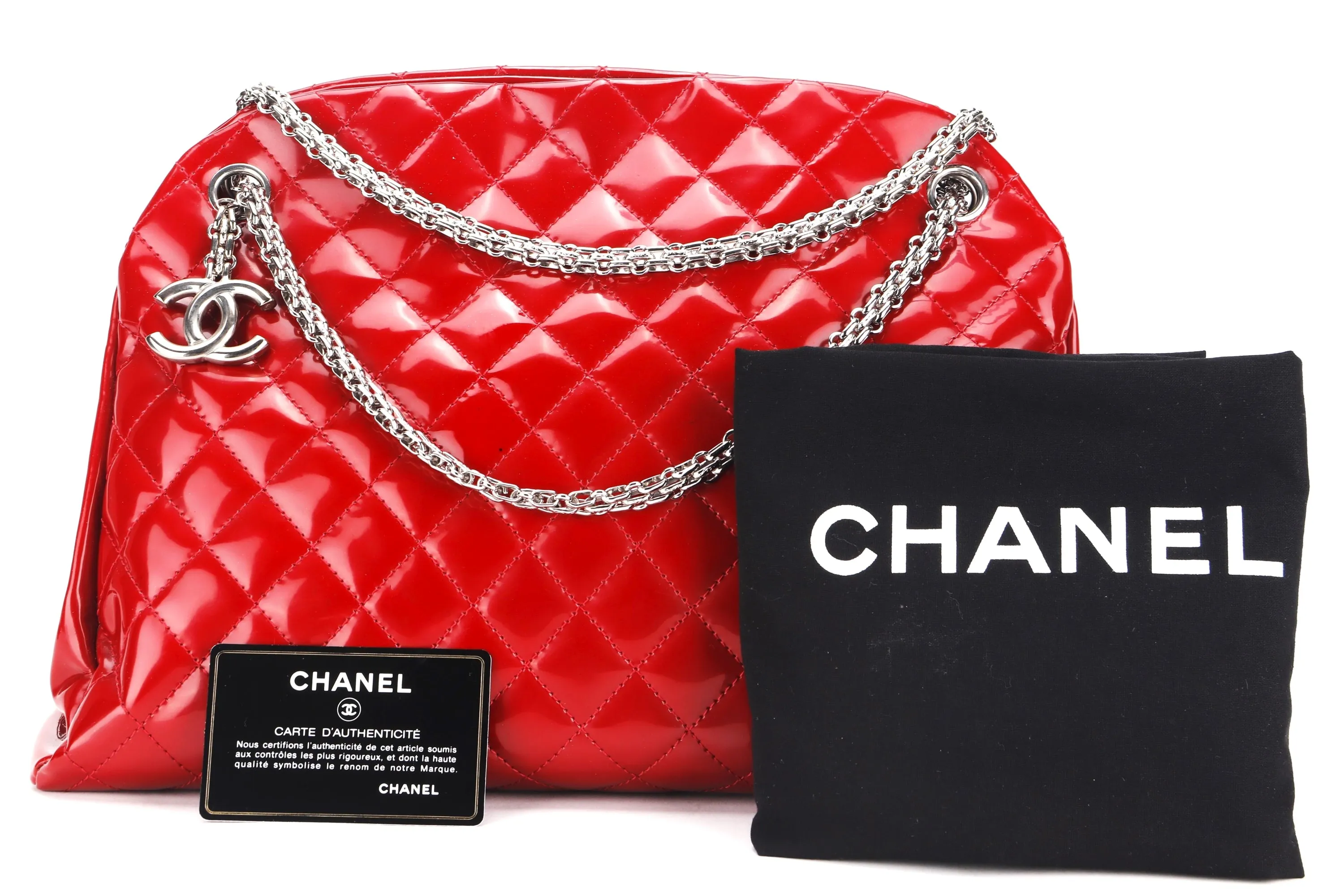 CHANEL MADEMOISELLE (1418xxxx) W 33CM, RED PATENT LEATHER SILVER HARDWARE, WITH CARD & DUST COVER