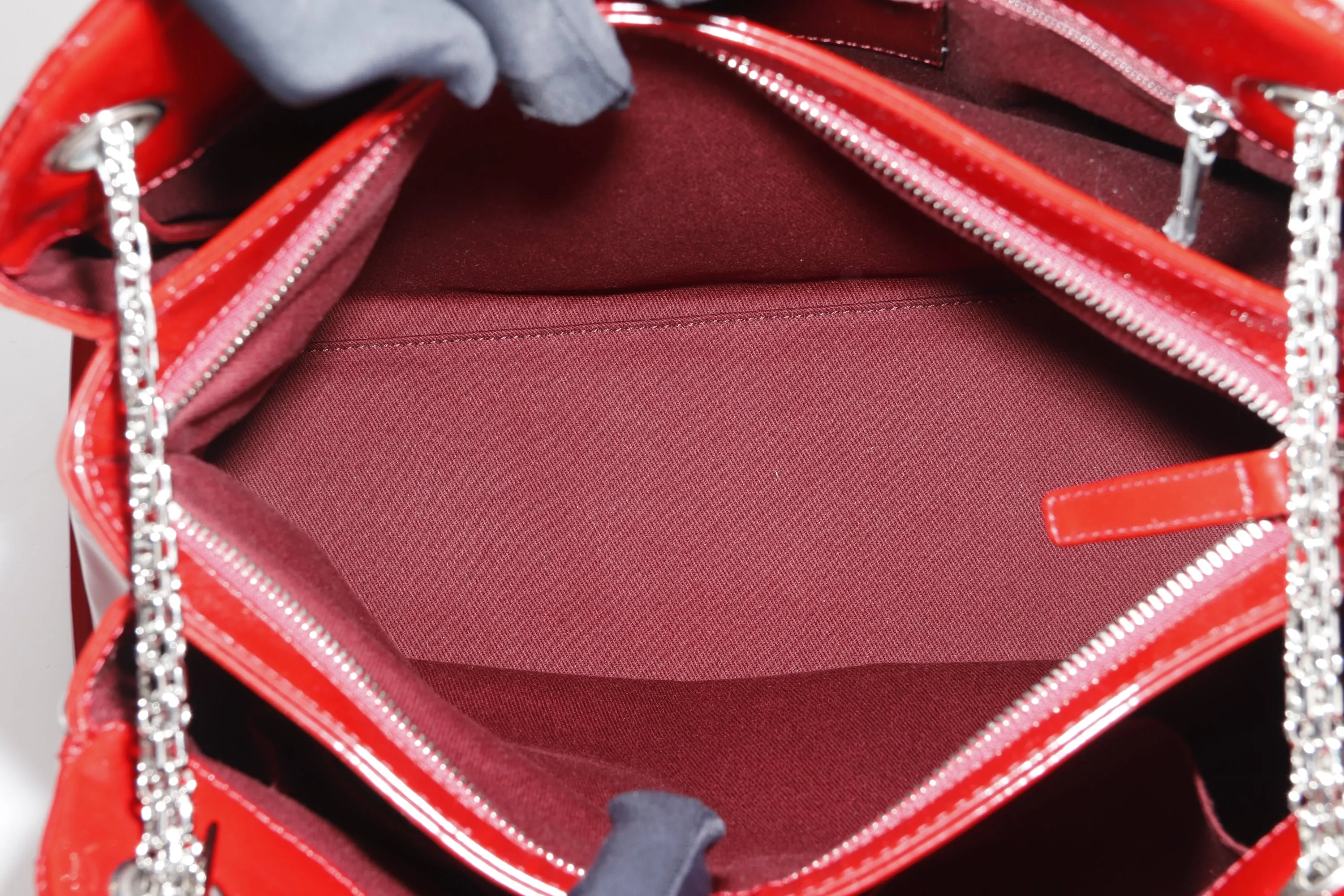 CHANEL MADEMOISELLE (1418xxxx) W 33CM, RED PATENT LEATHER SILVER HARDWARE, WITH CARD & DUST COVER