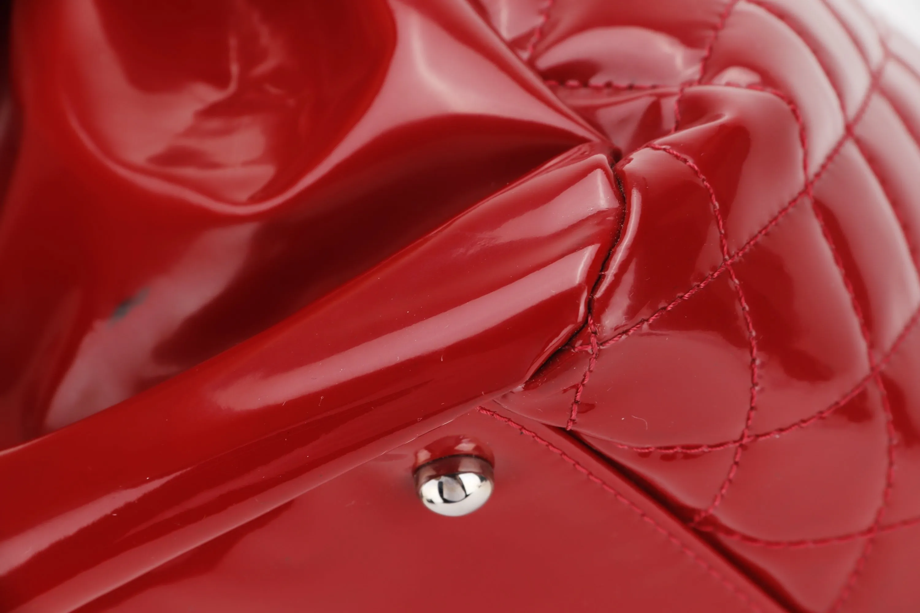 CHANEL MADEMOISELLE (1418xxxx) W 33CM, RED PATENT LEATHER SILVER HARDWARE, WITH CARD & DUST COVER