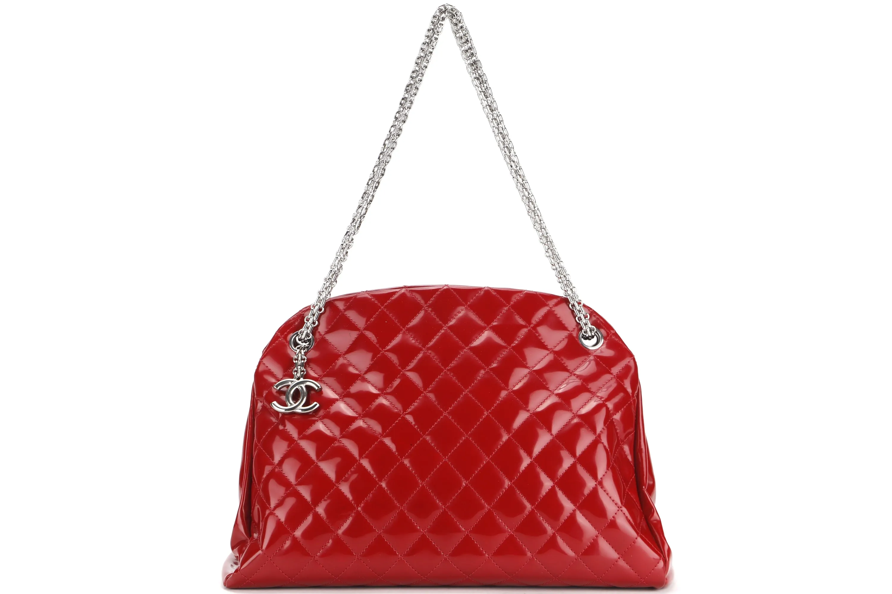 CHANEL MADEMOISELLE (1418xxxx) W 33CM, RED PATENT LEATHER SILVER HARDWARE, WITH CARD & DUST COVER